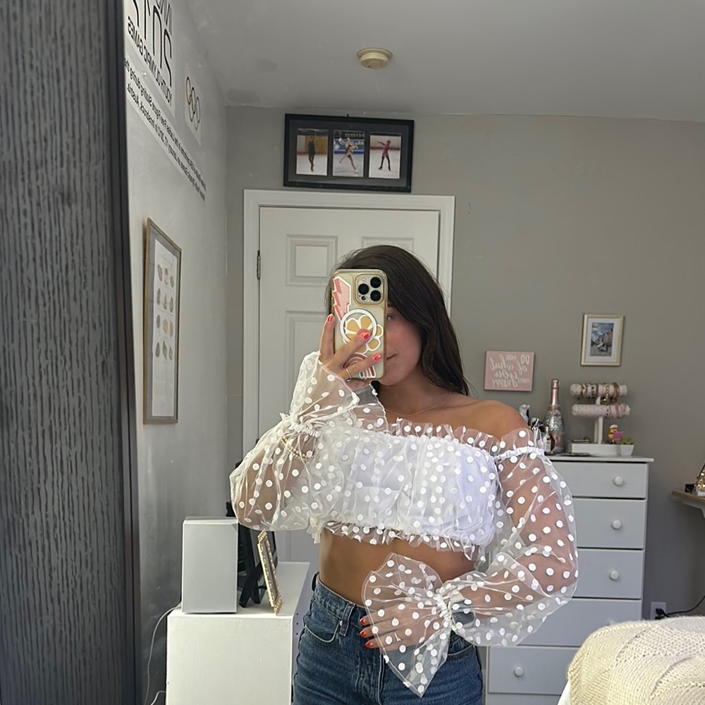 Revolve White Polka Dot Off-Shoulder Top